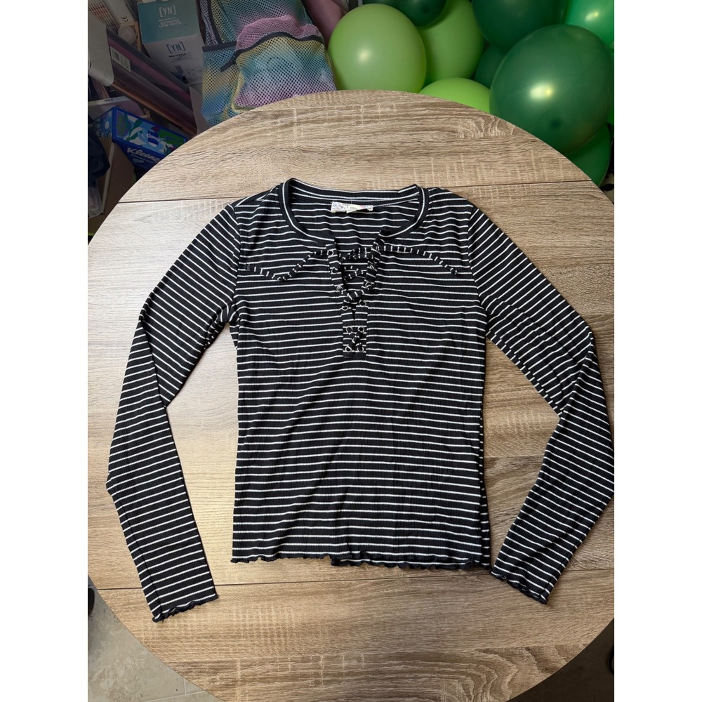 Pink Republic Womens Small Black White Striped Lace Up Ribbed Long Sleeve Top